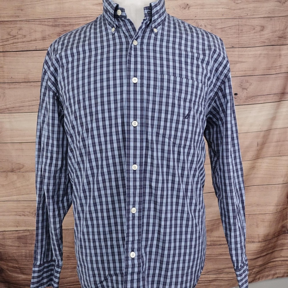 Nautica Shirt Mens L Blue Plaid Long Sleeve Button-Up 80's Two-Ply Cotton - Picture 3 of 8